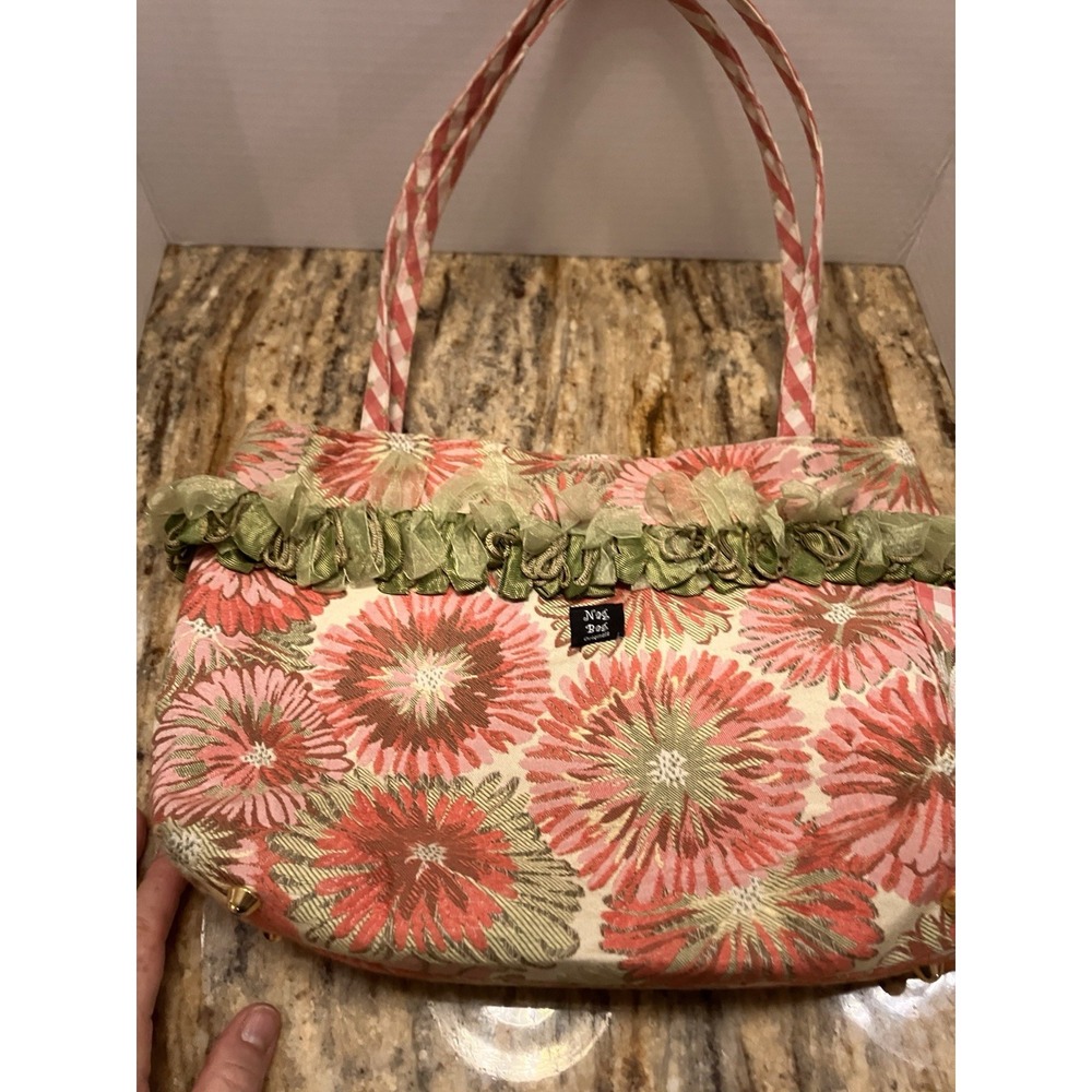 Nag Bag  Pink & Green Floral Tapestry Distinctive Green Ruffle Vintage Tote